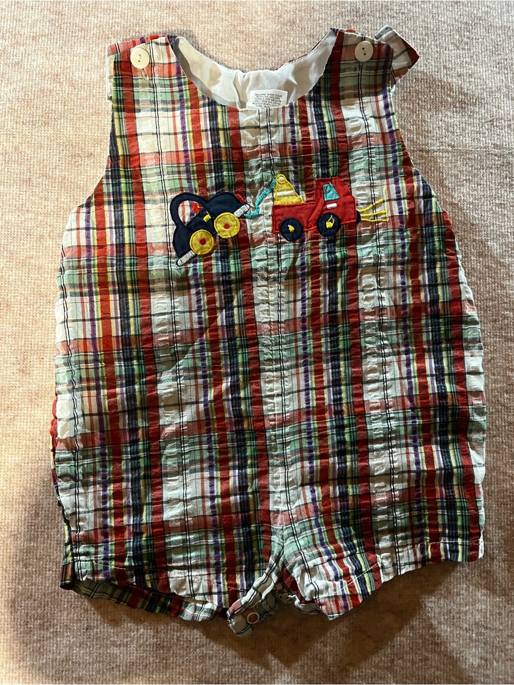 Vintage PlaidToddler Romper with Tractor Embroidery